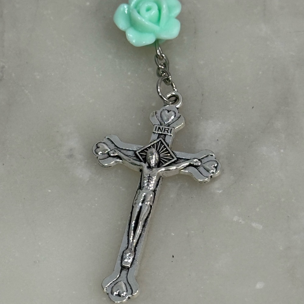 Silver Crucifix Pendant with Mint Green Roses and Beads